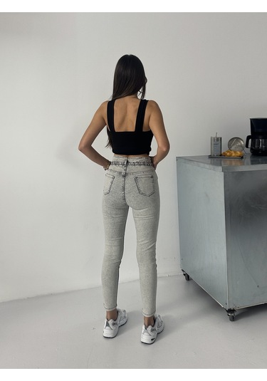 Kadın Kemer Büzgülü Power Dar Paça Kot Pantolon Gri