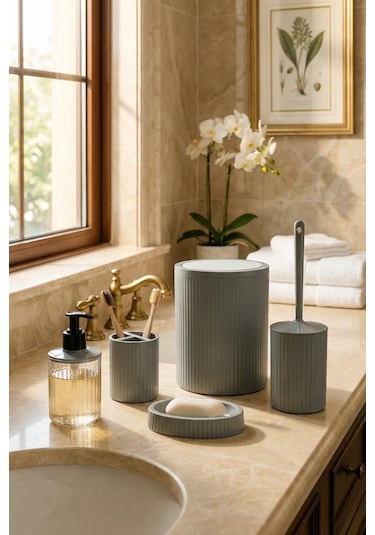 Makri Home 5 Parça Şık Gri Banyo Seti, Hacim: 6 Litre Gri