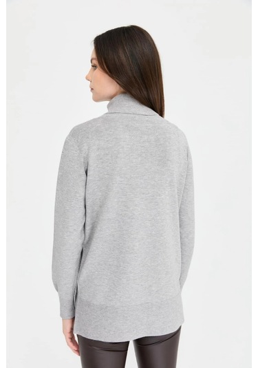 Desen Triko Kadın Tam Balıkçı Yaka Dikişsiz Kazak 23391 Gri Gri
