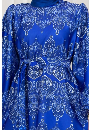 Balon Kol Saten Adel Elbise-mavi-5234 Mavi