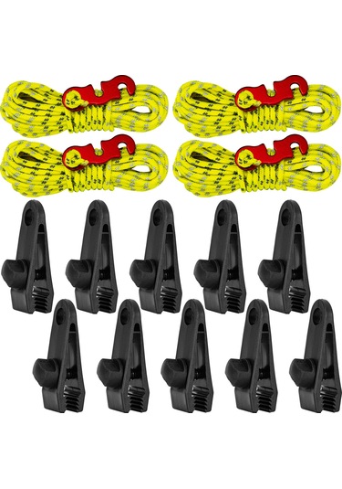 Yaleker 10 Adet Çadır Klemensi + 4 Adet 3 Metre Nylon Rope Tensioner Seti - Abs Malzeme, Depolama Çantası İçeren Çadır Güvenlik Aksesuarı Çok Renkli