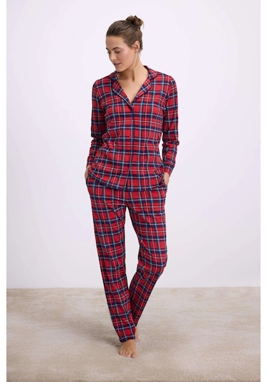 %100 Pamuklu Uzun Kol Düğmeli Gömlek Ve Ekose Pantolon Pijama Takımı Bordo