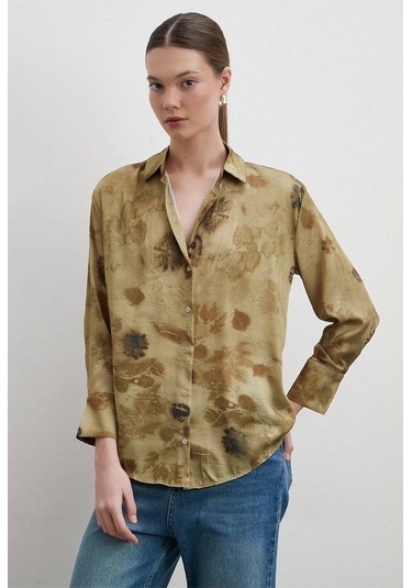 Kadın Uzun Kol Desenli Renkli Pamuk Saten Premium Kalite Spor Şık Gömlek Haki