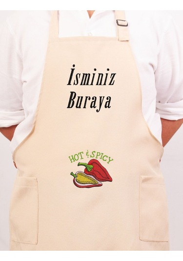 Mutfak Önlüğü Kişiye Ve İsme Özel Nakışlı Mutfak Önlüğü Biber02 Farklı Renkler Krem