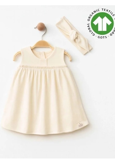Zekids Kız Bebek Organik Pamuklu Bandanalı Kolsuz Elbise-15906 Krem