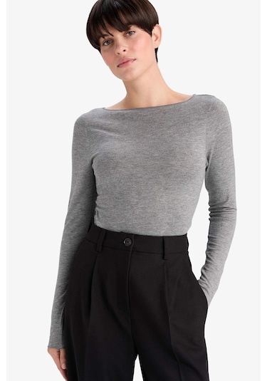 Defacto Modal Kaşmir Yumuşak Dokulu Kayık Yaka Uzun Kollu Üst-fall İn Love F2264ax25augr377 Gri
