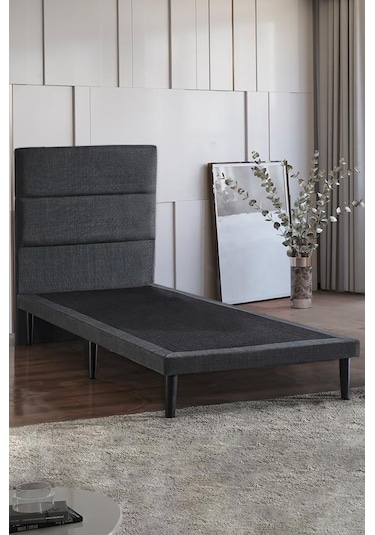 Niron Slim Baza Ve Başlık Takımı 90x190 Tek Kişilik Gri Kumaş Kaplı Metal Karyola Ve Başlık Seti