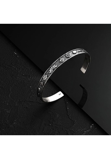 925 Ayar Gümüş Budizm Sembollü Unısex Kelepçe Bileklik Gümüş