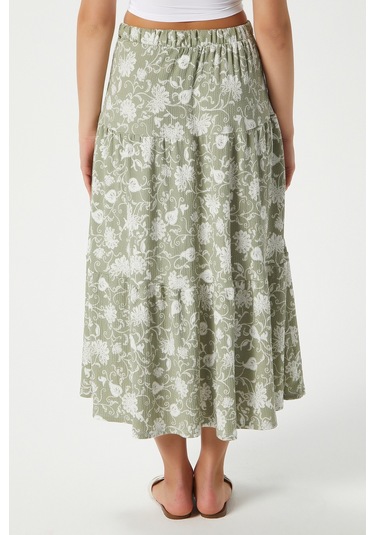 Kadın Caty Bel Lastikli Haki Krem Uzun Etek Yeşil