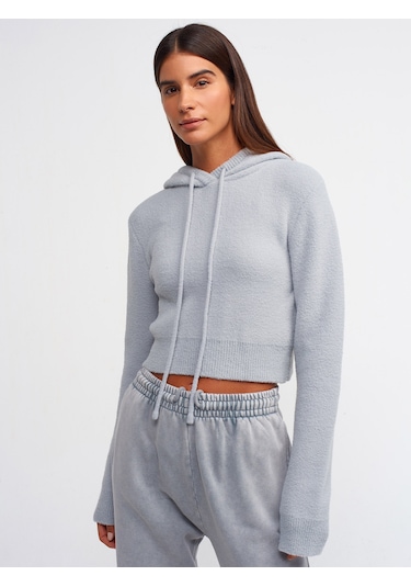 Dilvin Yumuşak Dokulu Kapşonlu Crop Kazak Gri