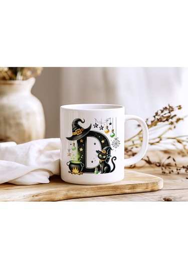 D Harfli Halloween Kedili Figür Kupa Bardak - Şapkalı Ve Kazanlı İsme Özel Kupa - Hediye 07 Beyaz