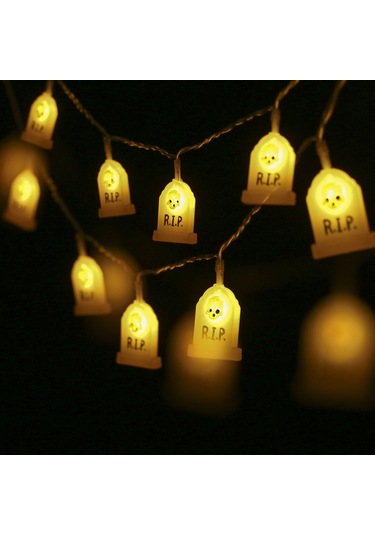 Suofeng Halloween Dekorasyon Işıkları: Beyaz Mezar Şekilli 2 Adet 3m 20ledli Pil İle Çalışan Ambiyans Lambaları