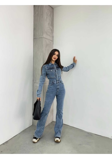 Shevega Kadın Mavi Ispanyol Paça Ceketli Denim Tulum Mavi