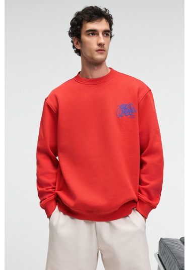 Grimelange IRVING Erkek Yuvarlak Yaka Göğsü Ve Önü Regular Fit Kiremit Rengi Sweatshirt