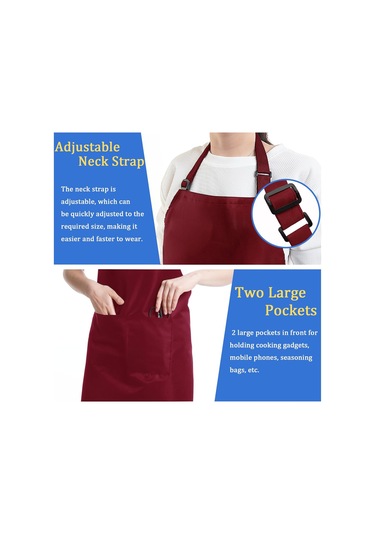 4 Paket Şef Önlüğü, 2 Cepli Ayarlanabilir Önlük, Unisex Kişisel Koyu Kırmızı, Diğer