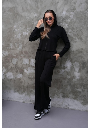 Elaxi Modal Kumaş Slim Fit Kapüşonlu İkili Takım Siyah