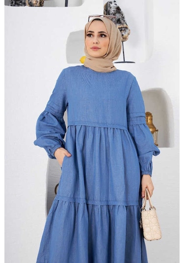 Neways 6510 - Fırfırlı Büzgülü Elbise Mavi