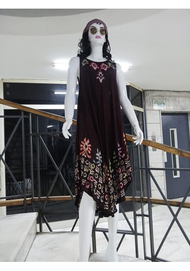 Sıfır Kol Yuvarlak Yaka Batik Desenli Elbise-9701 Yeşil