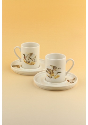 Su Kuşları İki Kişilik Porselen Kahve Fincan Takımı Beyaz