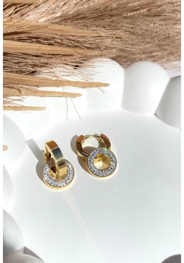 Altın / Gold Renk Zirkon Taşlı Diskli 316l Çelik Küpe