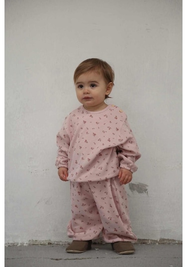 Pembe Çiçek Baskılı Şalvar Takım Pembe