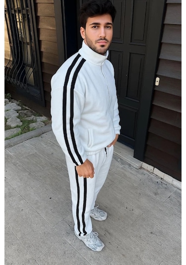 Erkek Çift Şeritli Eşofman Takım Dik Yaka Fermuarlı Sweatshirt Boru Paça Alt, Oversize 3 İplik Pamuk Beyaz