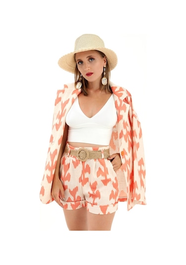 Kemerli Desenli Oversize Blazer Ceket - Turuncu-turuncu Turuncu