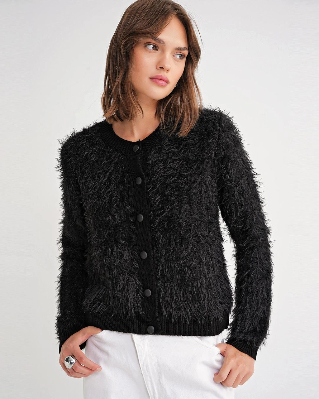 6897 Kadın Uzun Sakallı Bant Detaylı Triko Hırka Siyah Siyah