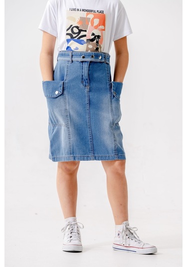 Kız Çocuk Yan Cepli Kot Etek 2954 Mavi