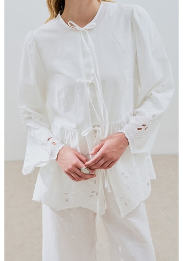 Bağlamalı Nakışlı Tunik Ekru Ekru