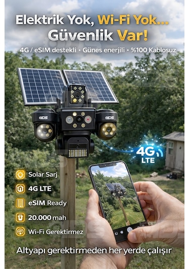 20mp Ultra Hd 4 Lens Tam Kontrol Güneş Enerjili Kamera Sim Kartlı Dual Led 12xzoom Çakar Led Siren