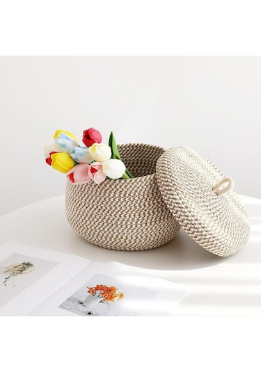 Mutfak, Banyo Ve Ev İçin Halat Hasır Sepet 17x21 Cm Kapaklı Saklama Sepeti Honeypot Bej - Kırçıl