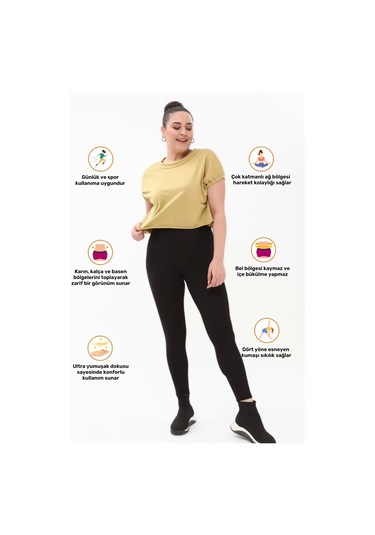 Kadın Konforlu Sporcu Modeli Yazlık Spor Taytı Fitness Gym Training Parlak Battal Fitilli Spor Tayt Siyah