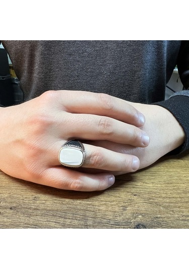 925 Ayar Gümüş Sedef Taşlı Örgü Tasarım Erkek Yüzük