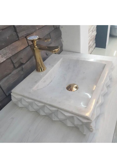 Beyaz Mermer Piramit Dizayn Kare Lavabo - Batarya Çıkışlı