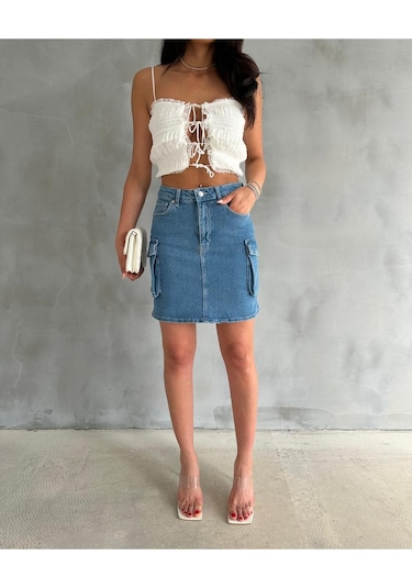 Zeo Basic Kargo Cep Detaylı Mini Denim Etek Mavi