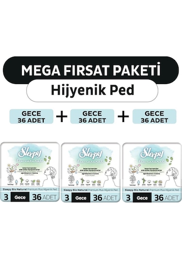 Sleepy Bio Natural Premium Plus Hijyenik Ped Mega Fırsat Paketi Gece 108 Adet