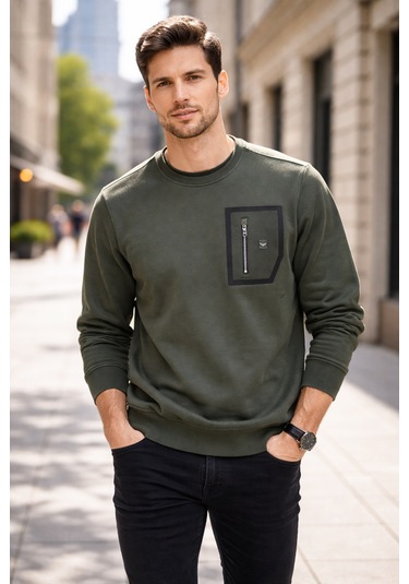 Remsa Erkek Fermuar Detay Bisiklet Yaka Pamuklu Sweatshirt 24722 Haki Haki Yeşil