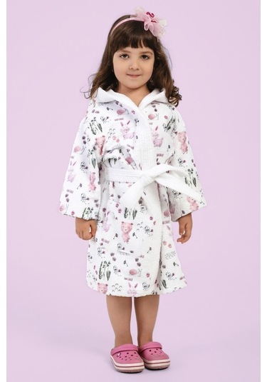 Happy Animals Dijital Baskılı Çocuk Bornozu Pembe - Beyaz