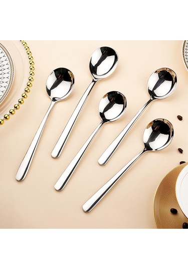 Kosona 18/8 Çelik Kaliteli 4'lü Kore Çorba Kaşığı - Büyük Yuvarlak Uç, Uzun Sap, Tersanesi, Toksiksiz, Korozyona Dayanıklı Gümüş