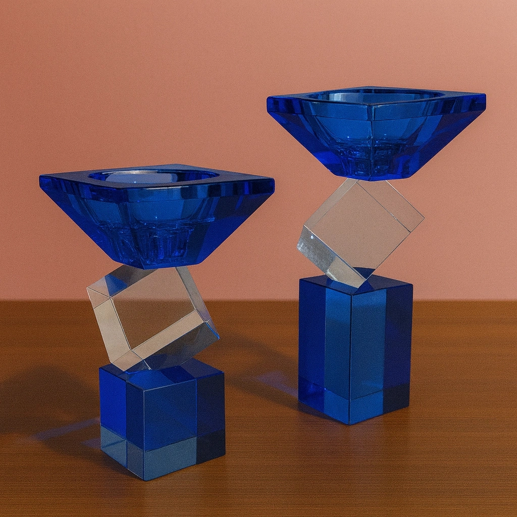 Kristal Geometrik 2 Li Şamdan Seti Mavi 20x9