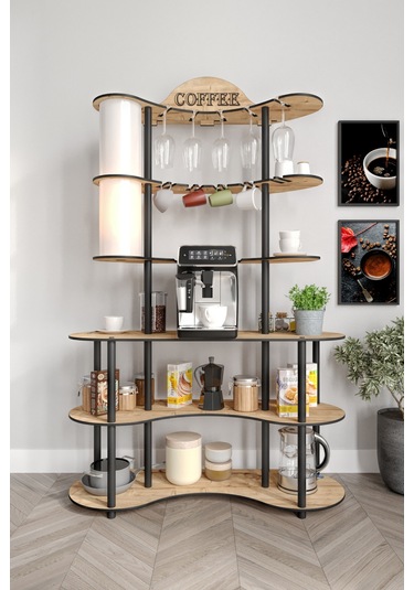 Brew-blıss Mutlu Kahve Köşesi-çok Amaçlı Mutfak Rafı Safir Meşe-lambader Aydınlatmalı Meşe