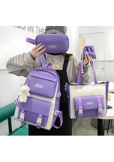 Fengdong 5 Adet/takım Genç Kızlar İçin Okul Çantaları Kalem Açık Vizon