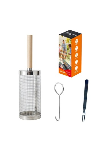 Teltree 304 Paslanmaz Çelik Kaydırmalı Mangal Sepeti, Dışarıda Bbq İçin Ahşap Saplı, Dengeli Pişirme, Çelik Çatal Ve Kanca İle Gümüş