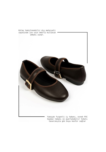 Günlük Bej Kadın Babet Oval Burun Tokalı Sade Kemer Kısa Topuklu Ev İş Ofis Hafif Ayakkabı 210 Acı Kahve