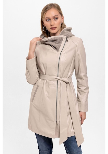 Bej Julia Triko Kapüonlu Kemerli Hakiki Kadın Deri Kaban-bej Bej