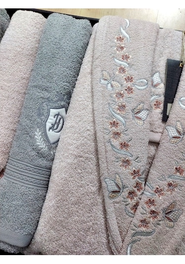 Dantela Premium Soft Nakışlı Aile Bornoz Seti-Yade Pudra Gri Gri - Pudra