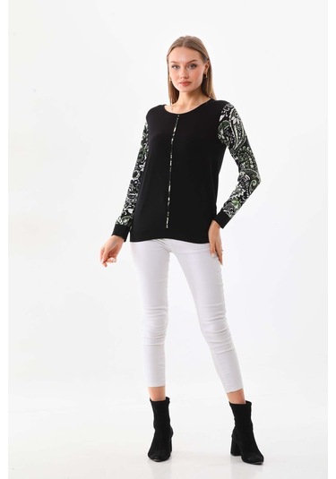 Sistas Kadın Kolları Desenli Uzun Kol Bluz 23320 Siyah
