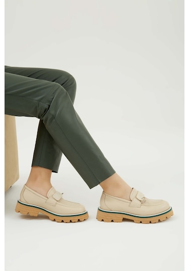 Tamer Tanca Kadın Hakiki Deri Bej Loafer Ayakkabı 33 1025 Bn Ayk Y23 Bej Dr Bej