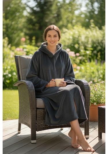 Serona Wellsoft Peluş Kapüşonlu Uzun Panço Yumuşak Dokulu Giyilebilir Tv Battaniyesi Antrasit S/m Antrasit